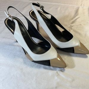 WHBM Toulon Black White Tan sling back heels